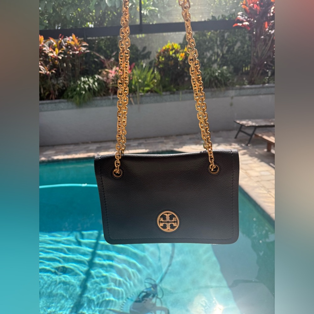 Tory Burch Pebbled Leather Crossbody Bag w Gold Hardware and Chain Strap